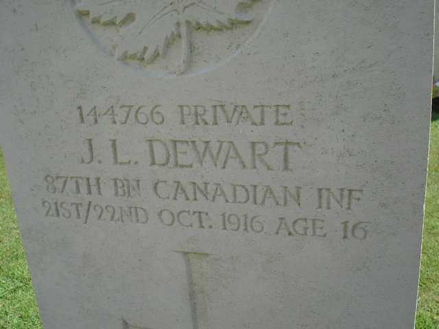 The headstone of a brave Canadian soldier who died aged 16 years.