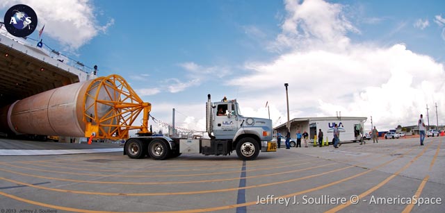 The Atlas V unloading from Mariner at CCAFS