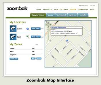 Zoombak GPS Locator interface