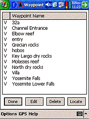 The outdoor navigator waypoints list display.