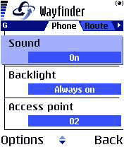 Wayfinder mobile phone settings